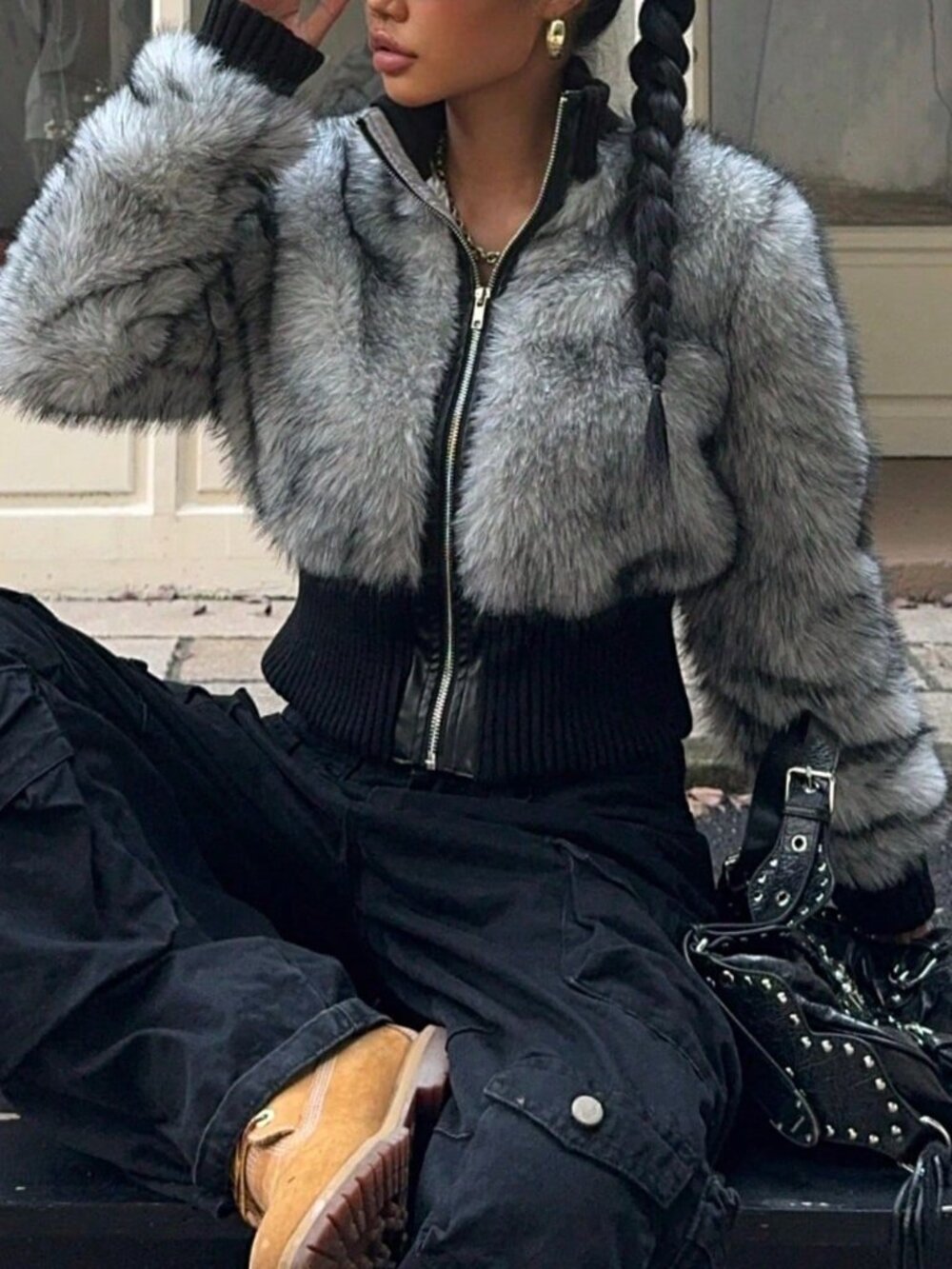 Black Casual Women's Long Sleeve Ribbed Fluffy Coat